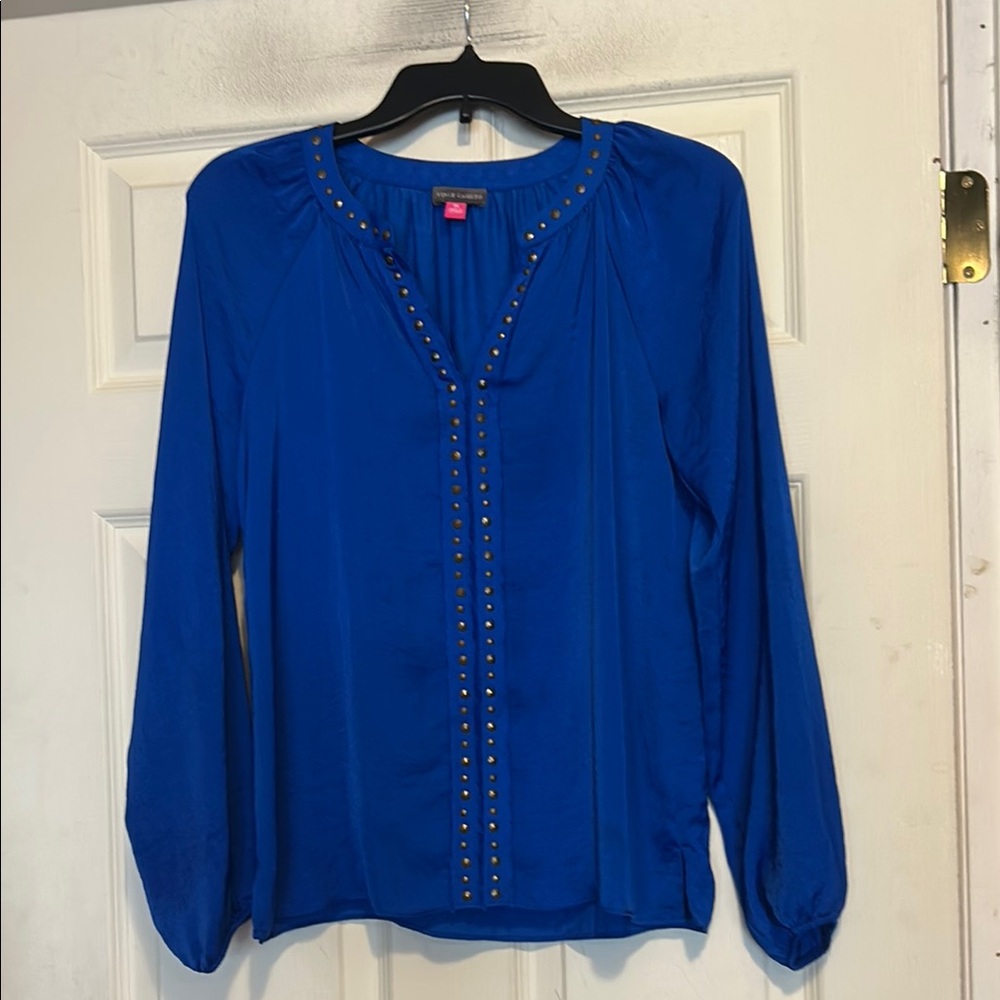 Vince Camuto Bright Blue Stud Embellished Split Neck Long Sleeve Top Size XS